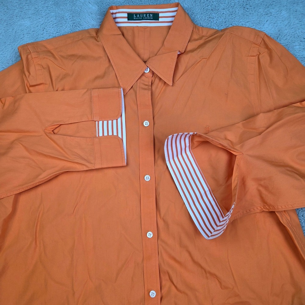 Lauren Ralph Lauren Button Down Womens L Striped Trim Long Sleeve Cotton Orange
